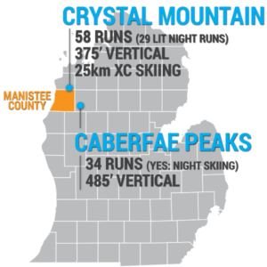 map of lower peninsula showing locations of caberfae peaks and crystal mountain