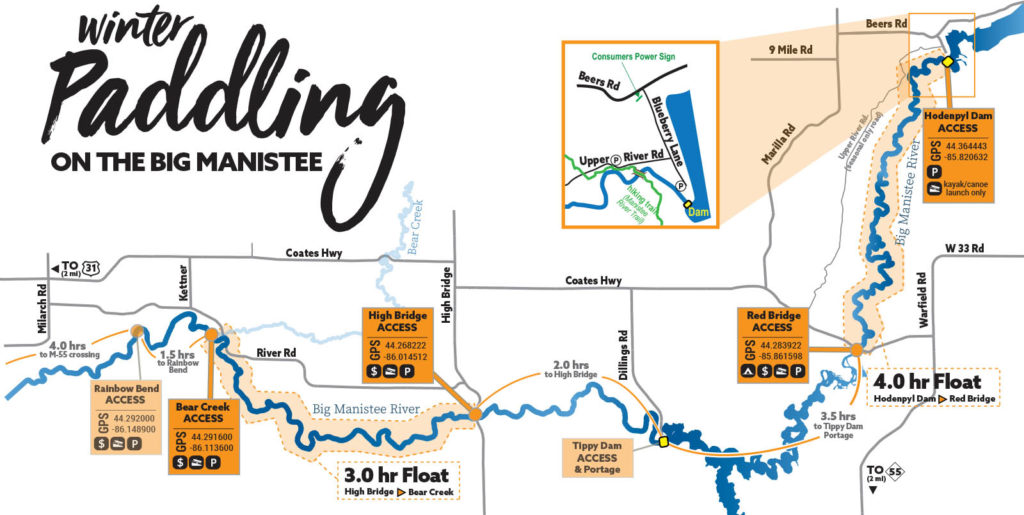 Map of Big Manistee River indicating the two float routes - contact the visitors bureau for a copy