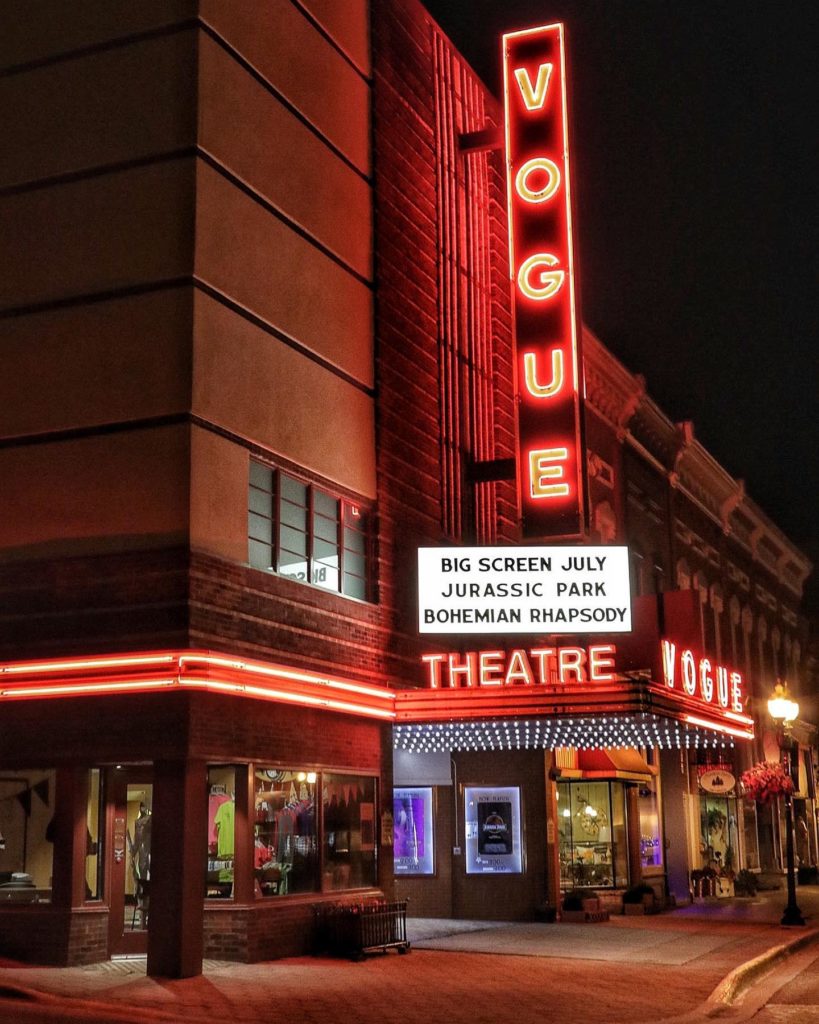 Vogue Theater facade at night
