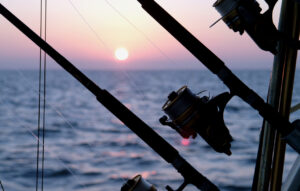Fishing reels against sunset