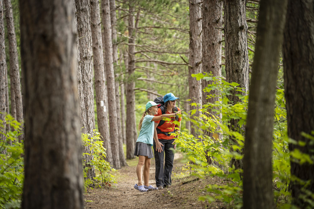 Mother and daughter walking on trail in forest