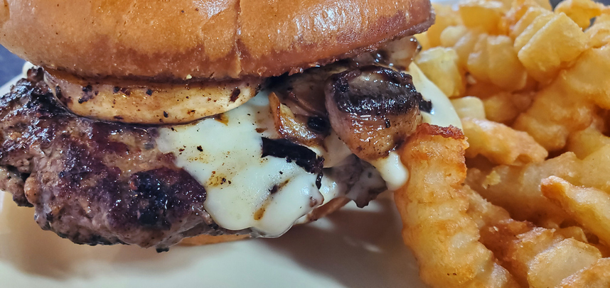 Mushroom Swiss Burger with Crinkle Fries Mushroom swiss burger with fries